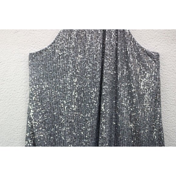 Loft Sleeveless Full Sequin Cutout Back Halter Swing Dress-Size Large-Silver - Picture 4 of 12